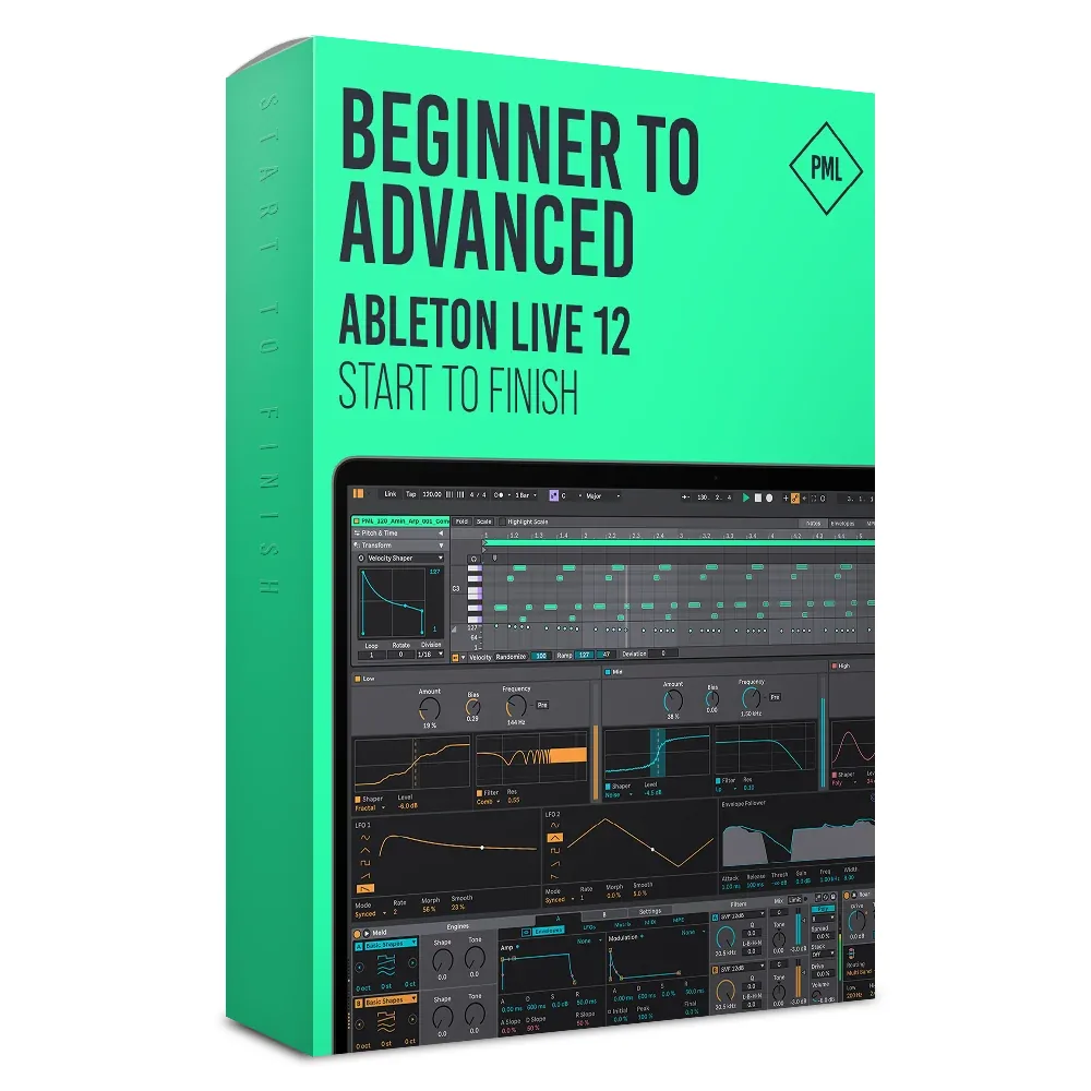 Production Music Live box for Beginner to Advanced: Ableton Live 12 Start to Finish, green cover with an Ableton screen