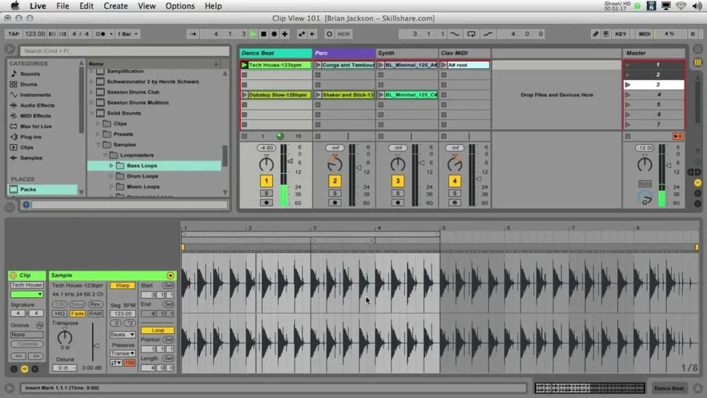 Skillshare class frame from Ableton Live I by Brian Jackson, showing Ableton's Session View and clip editor