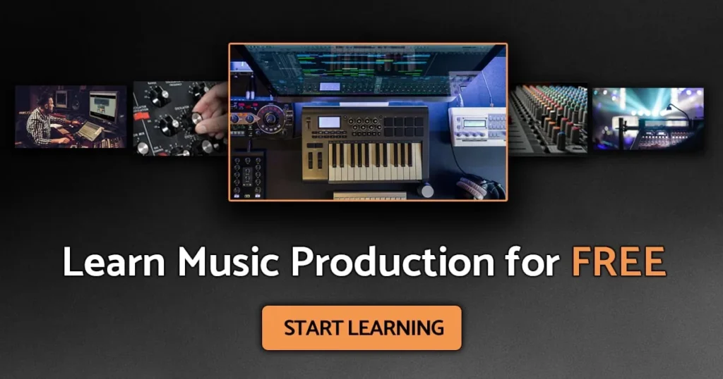 SoundGym Audio School banner saying Learn Music Production for Free above photos of a studio, a synth and a mixer