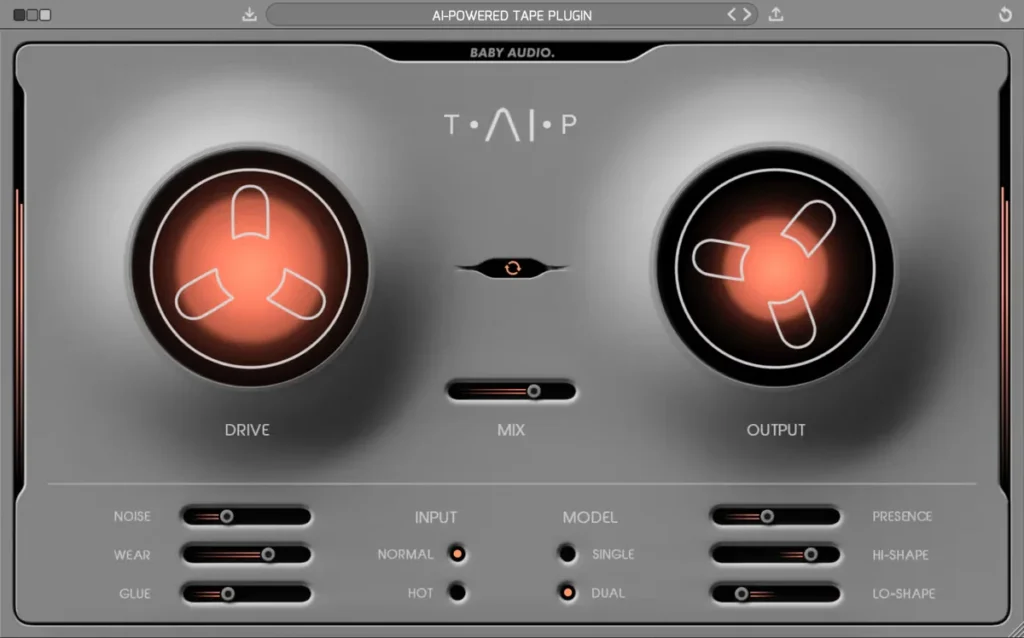 Baby Audio TAIP tape saturation plugin with Drive, Mix and Output reels and Noise, Wear and Glue sliders