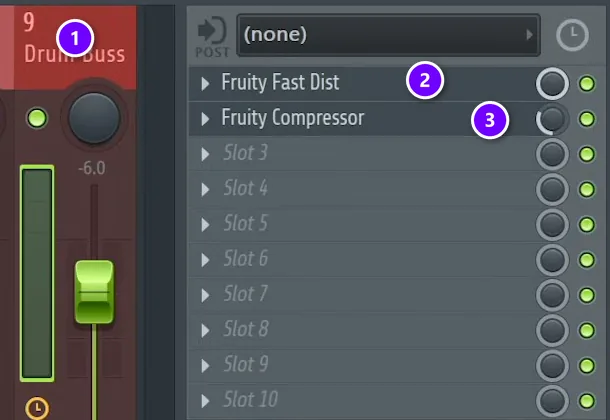 FL Studio Mixer with the Drum Buss track (1), Fruity Fast Dist in slot 1 (2) and Fruity Compressor in slot 2 (3)