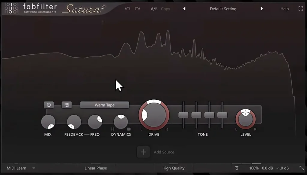 FabFilter Saturn 2 multiband saturation plugin with the Warm Tape style, Drive, Mix and Tone controls
