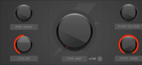 FL Studio Fruity Blood Overdrive with Pre Band, Color, Pre Amp, x100, Post Filter and Post Gain controls
