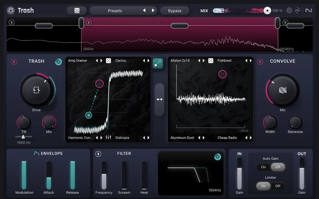 iZotope Trash distortion plugin with its XY distortion pad, Convolve module, envelope and filter sections