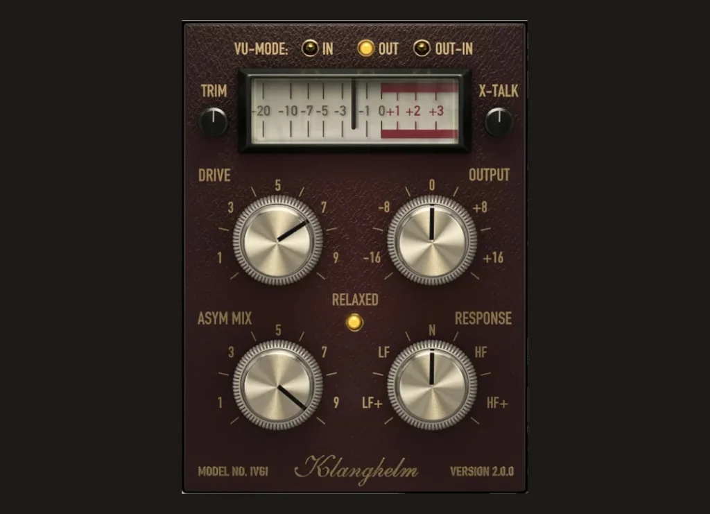 Klanghelm IVGI free saturation plugin with Drive, Output, Asym Mix and Response knobs and a VU meter
