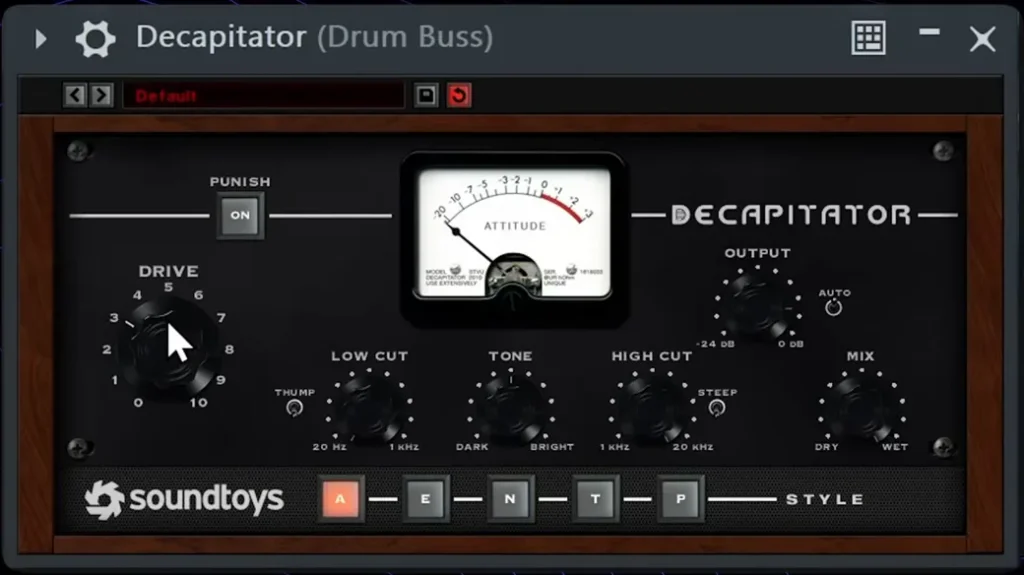 Soundtoys Decapitator saturation plugin on a drum bus in FL Studio with Drive, Tone, Punish and the A, E, N, T, P style buttons