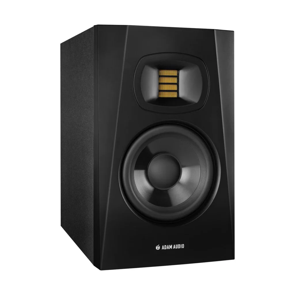 ADAM Audio T5V studio monitor at an angle, with its folded ribbon tweeter above the black woofer