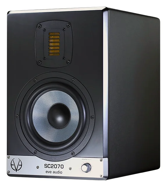 EVE Audio SC2070 studio monitor at an angle, with its large ribbon tweeter above the silver woofer