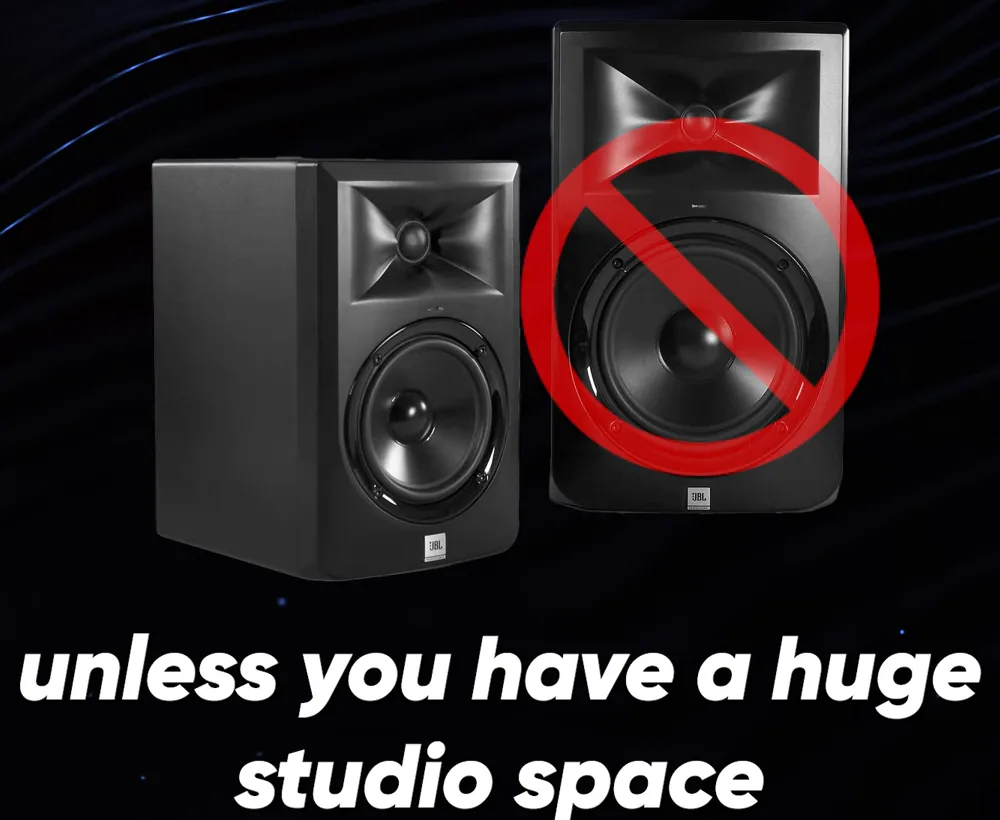 Slide from Mix Elite's gear video: a 5-inch monitor next to a bigger one crossed out, unless you have a huge studio space