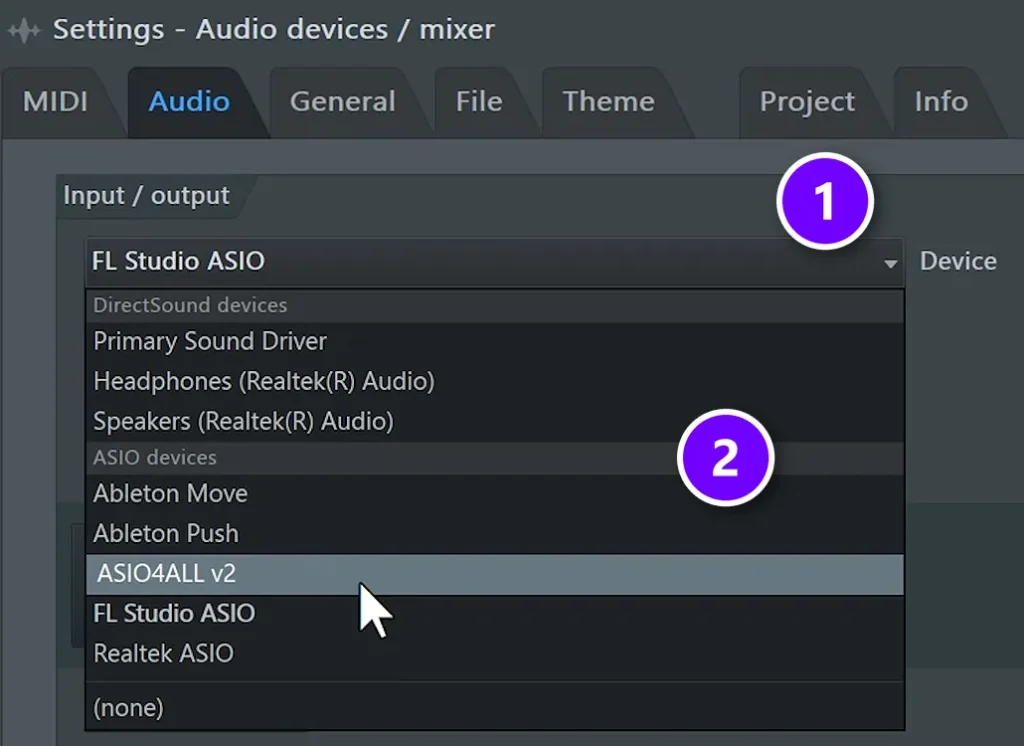FL Studio Audio settings with the Device menu (1) and the ASIO devices list (2) numbered