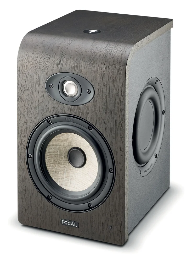 Focal Shape 65 studio monitor in walnut and grey at an angle, with a passive radiator on its side
