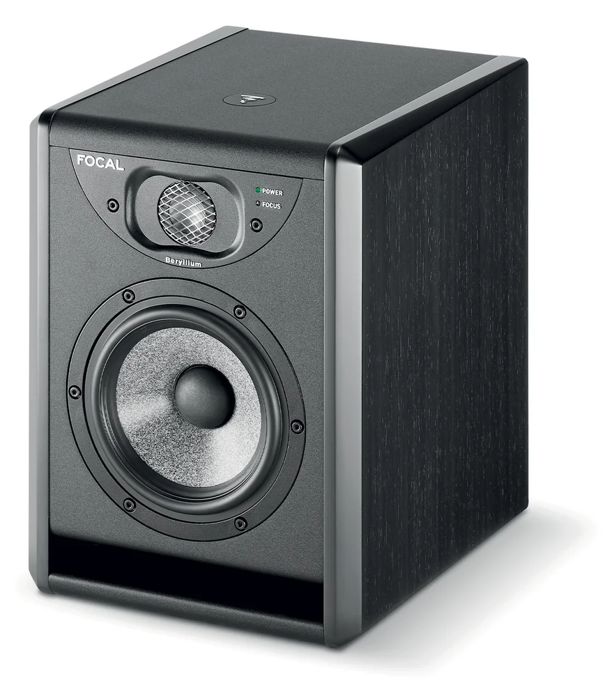 Focal ST6 Solo6 studio monitor in black at an angle, with its beryllium tweeter and grey woofer