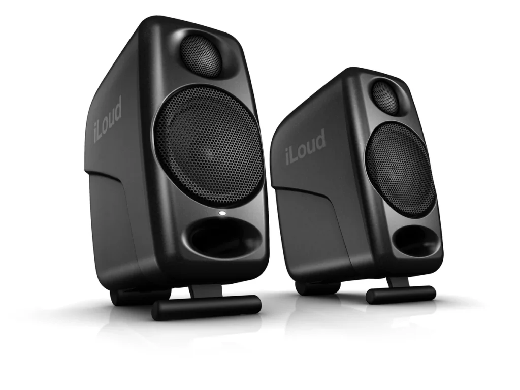 IK Multimedia iLoud Micro Monitor pair in black on their built-in tilted stands