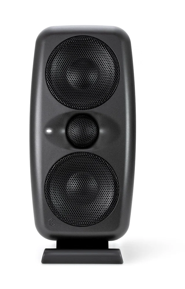 IK Multimedia iLoud MTM MkII studio monitor standing upright with two woofers around a center tweeter