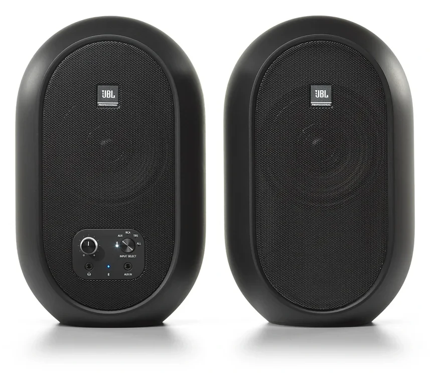 JBL 104-BT compact studio monitor pair in black seen from the front