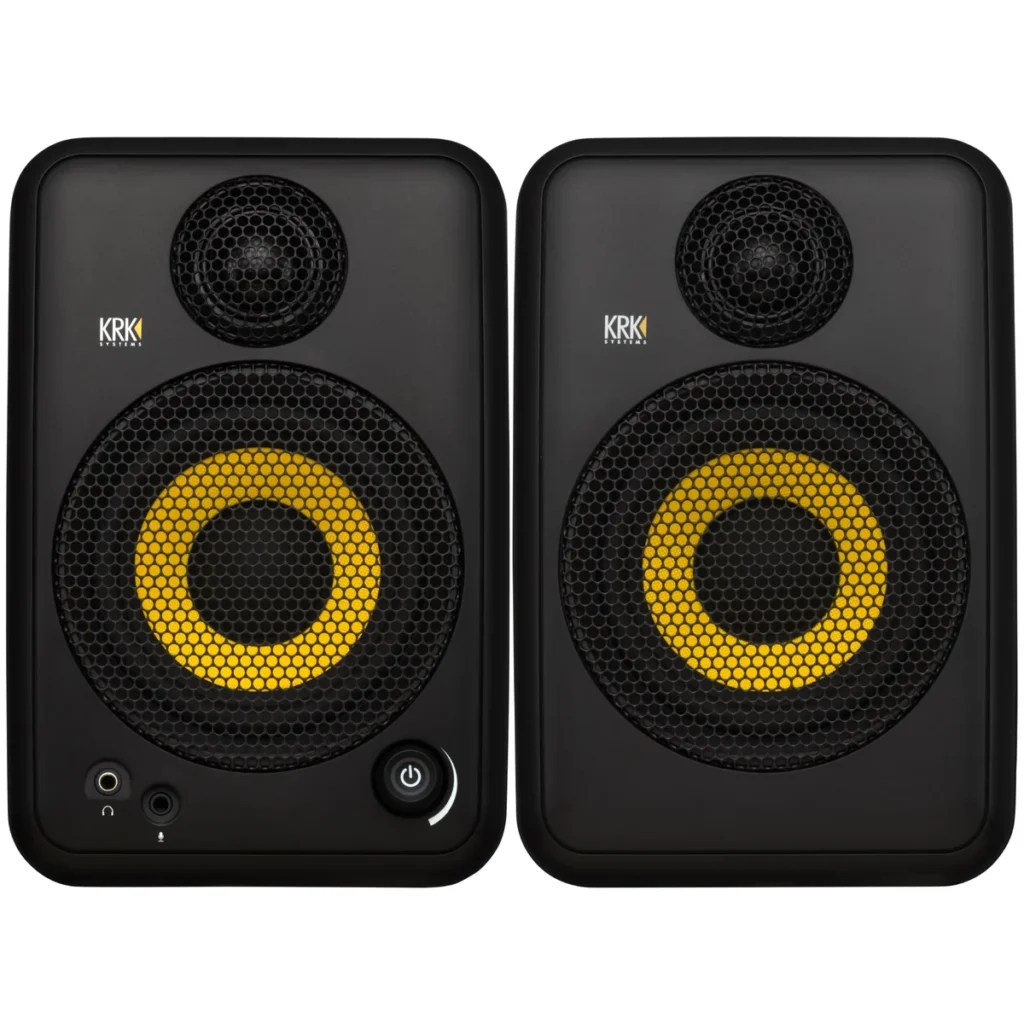 KRK GoAux 4 portable studio monitor pair with yellow woofers, seen from the front