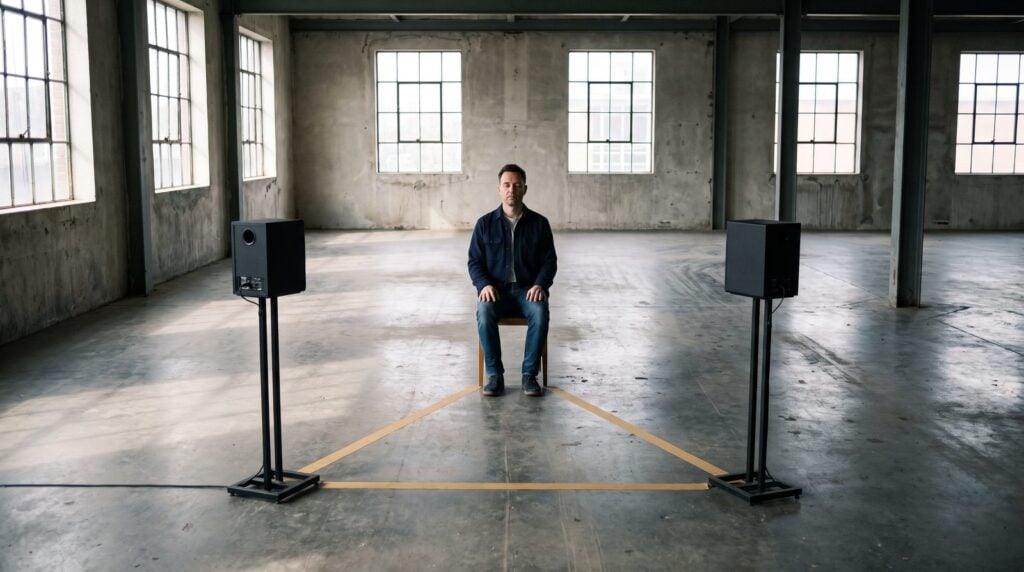 A man sits on a chair in an empty sunlit warehouse between two studio speakers on stands, with yellow tape on the floor joining them into an equal triangle