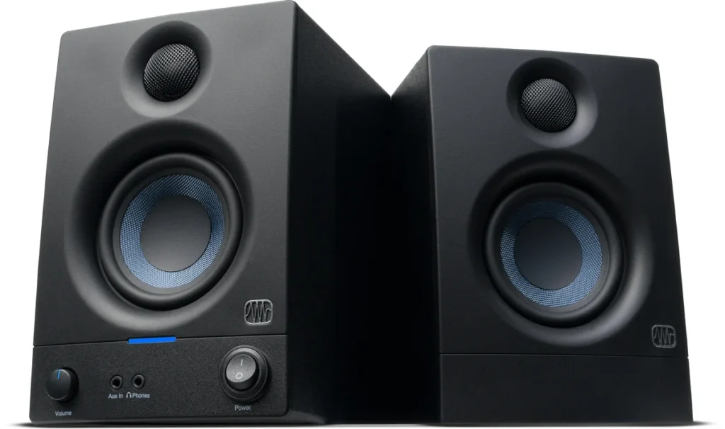 PreSonus Eris 3.5 2nd Gen studio monitor pair in black with blue woofer rings