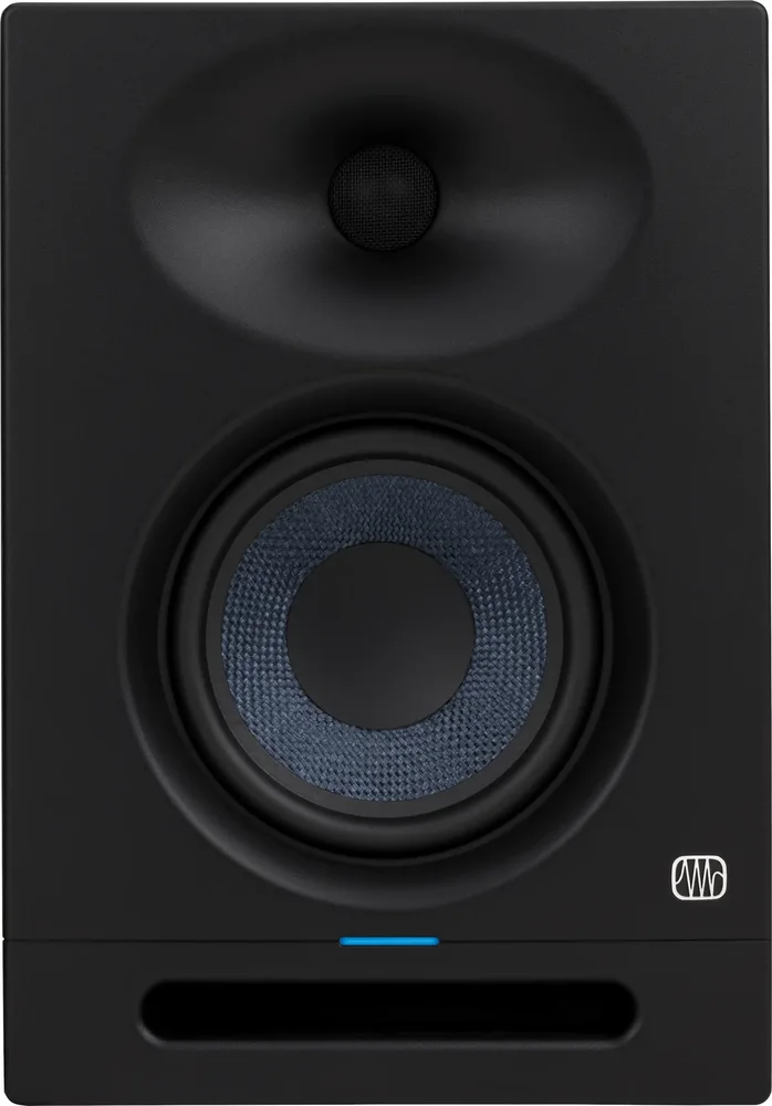PreSonus Eris Studio 5 studio monitor seen from the front with its blue woofer and tweeter waveguide