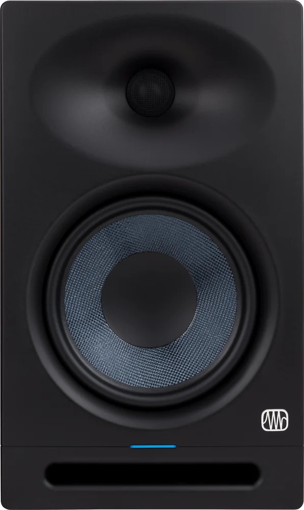 PreSonus Eris Studio 8 studio monitor seen from the front with its 8-inch blue woofer and wide tweeter waveguide