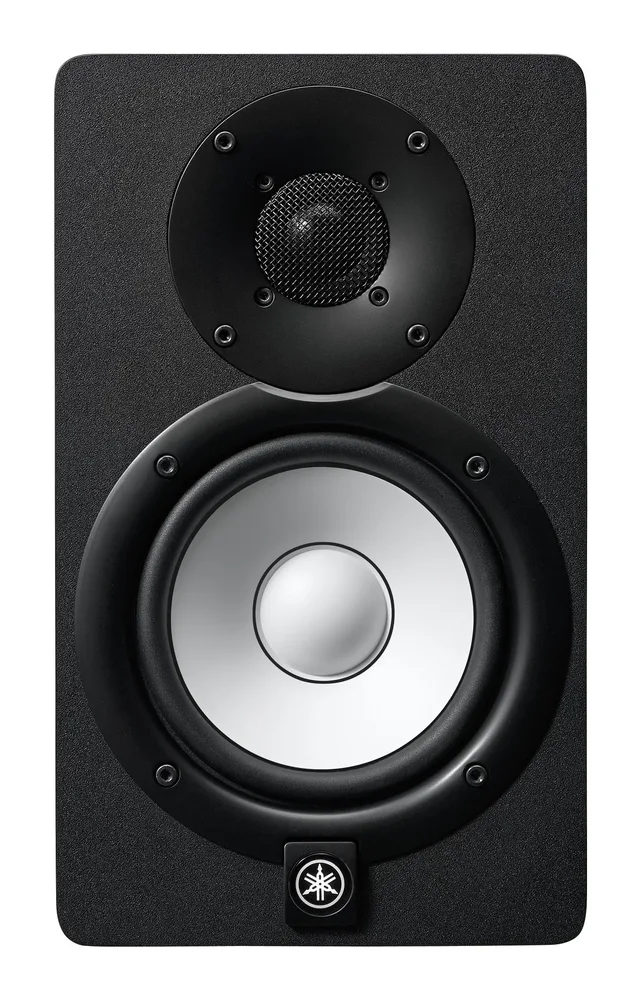 Yamaha HS5 powered studio monitor in black with its white woofer cone