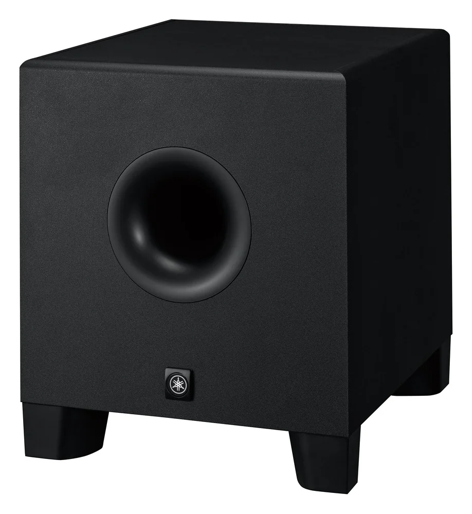 Yamaha HS8S powered studio subwoofer in black at an angle