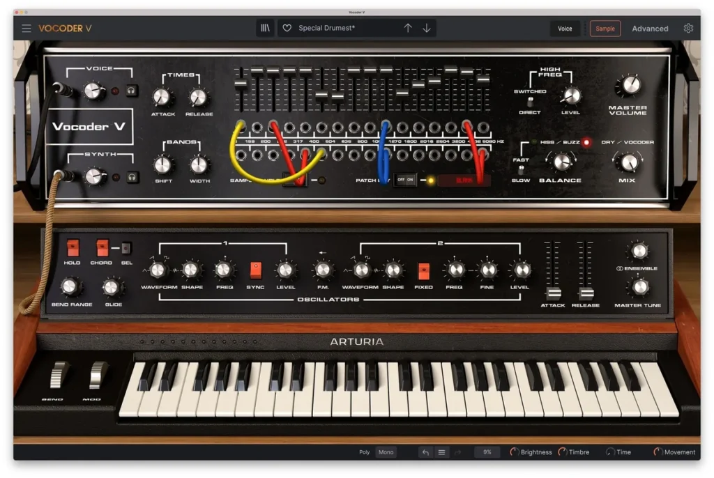 Arturia Vocoder V with its 16-band vocoder panel, patch cables and keyboard