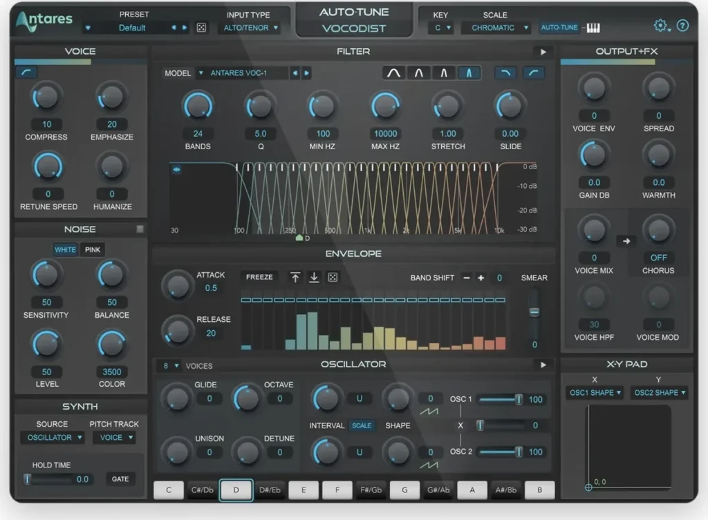 Antares AutoTune Vocodist with its Voice, Filter, Envelope, Oscillator and XY pad sections