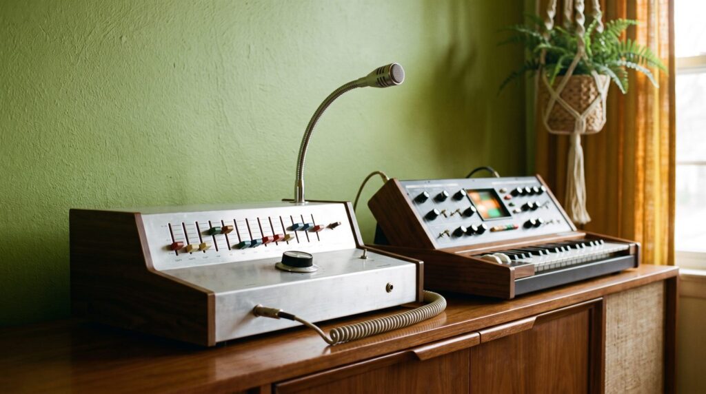 A vintage hardware vocoder with colored band sliders and a gooseneck microphone next to a small synthesizer on a walnut sideboard in a sunlit 1970s room