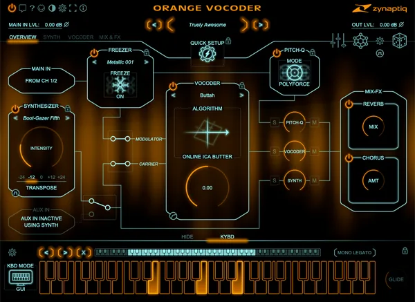 Zynaptiq Orange Vocoder IV overview page with its synthesizer, vocoder, freezer and effects blocks and keyboard