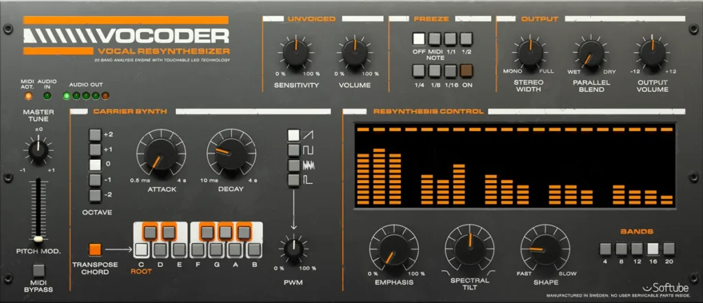 Softube Vocoder with its carrier synth, resynthesis display, Unvoiced, Freeze and Bands controls