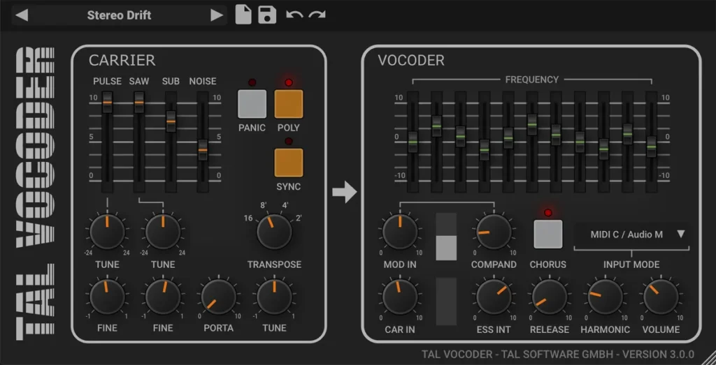 TAL-Vocoder by TAL Software with its Carrier synth section and Vocoder band sliders