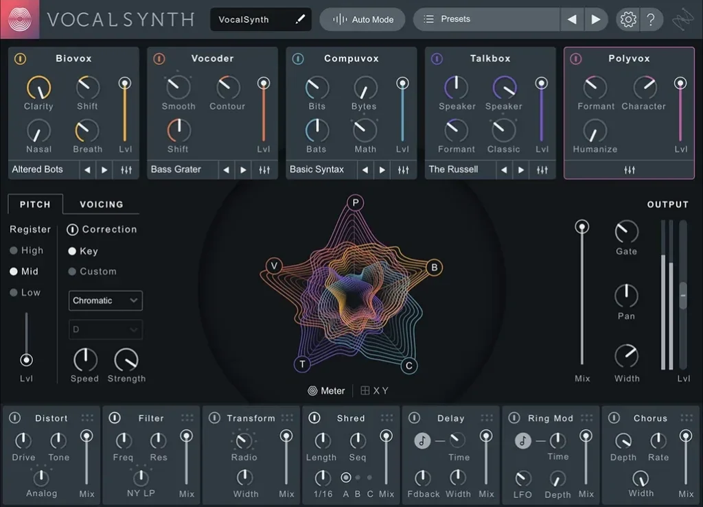 iZotope VocalSynth 2 with its Biovox, Vocoder, Compuvox, Talkbox and Polyvox modules and effects row