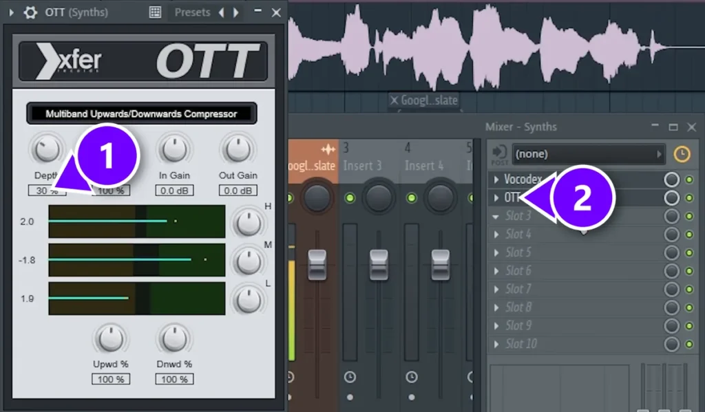 Xfer OTT with Depth at 30 percent numbered 1, loaded in the slot after Vocodex numbered 2 on the FL Studio mixer