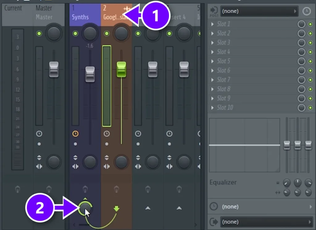 FL Studio Mixer with the vocal track numbered 1 sidechained to the Synths track, whose send knob is numbered 2