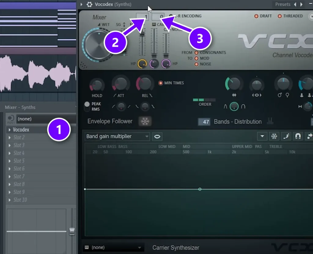 FL Studio Vocodex in slot 1 of the Synths mixer track numbered 1, with the MOD input box numbered 2 and the CAR input box numbered 3