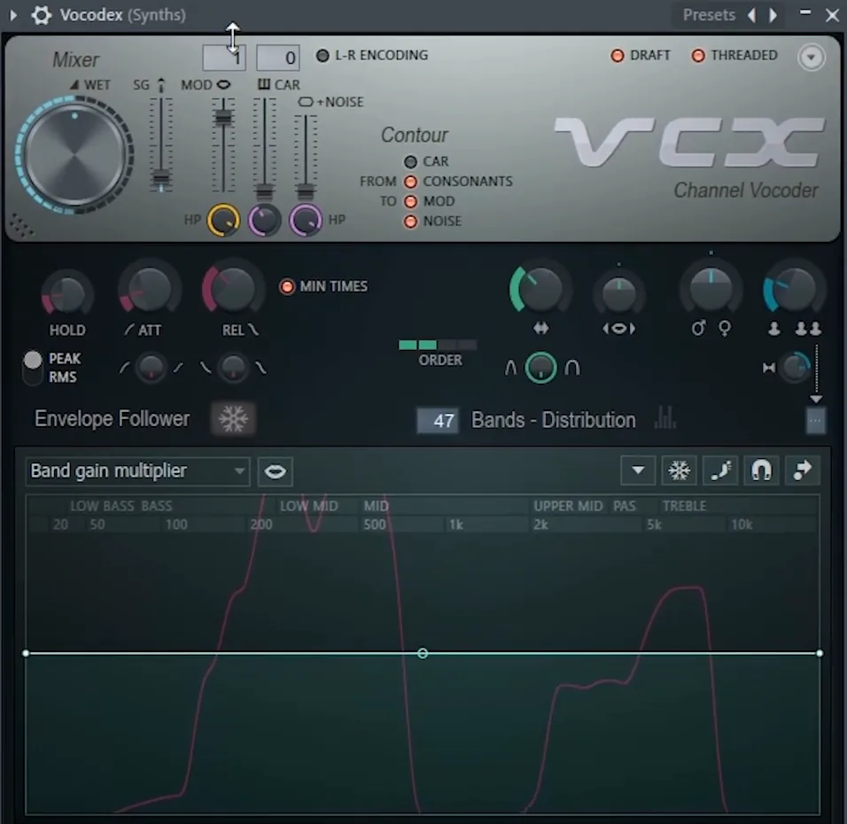 FL Studio Vocodex vocoder window with its Mixer, Contour, Envelope Follower and Bands Distribution sections