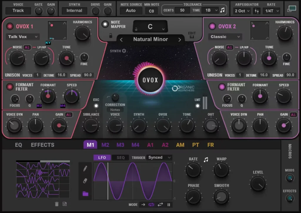Waves OVox Vocal ReSynthesis with its two OVox engines, note mapper, formant filters and modulation section