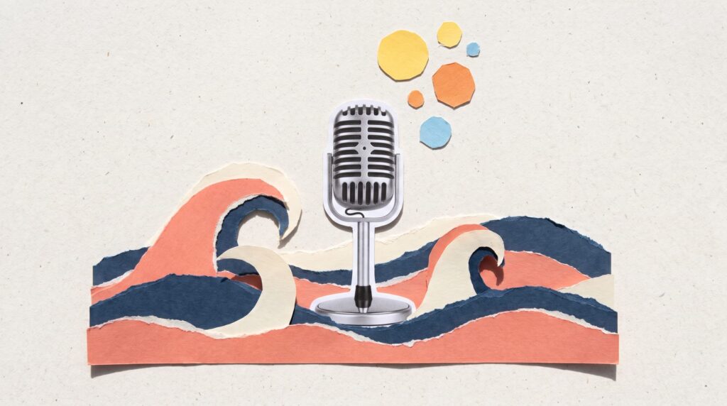 Paper collage of a vintage studio microphone rising out of torn-paper waves in coral, navy and cream