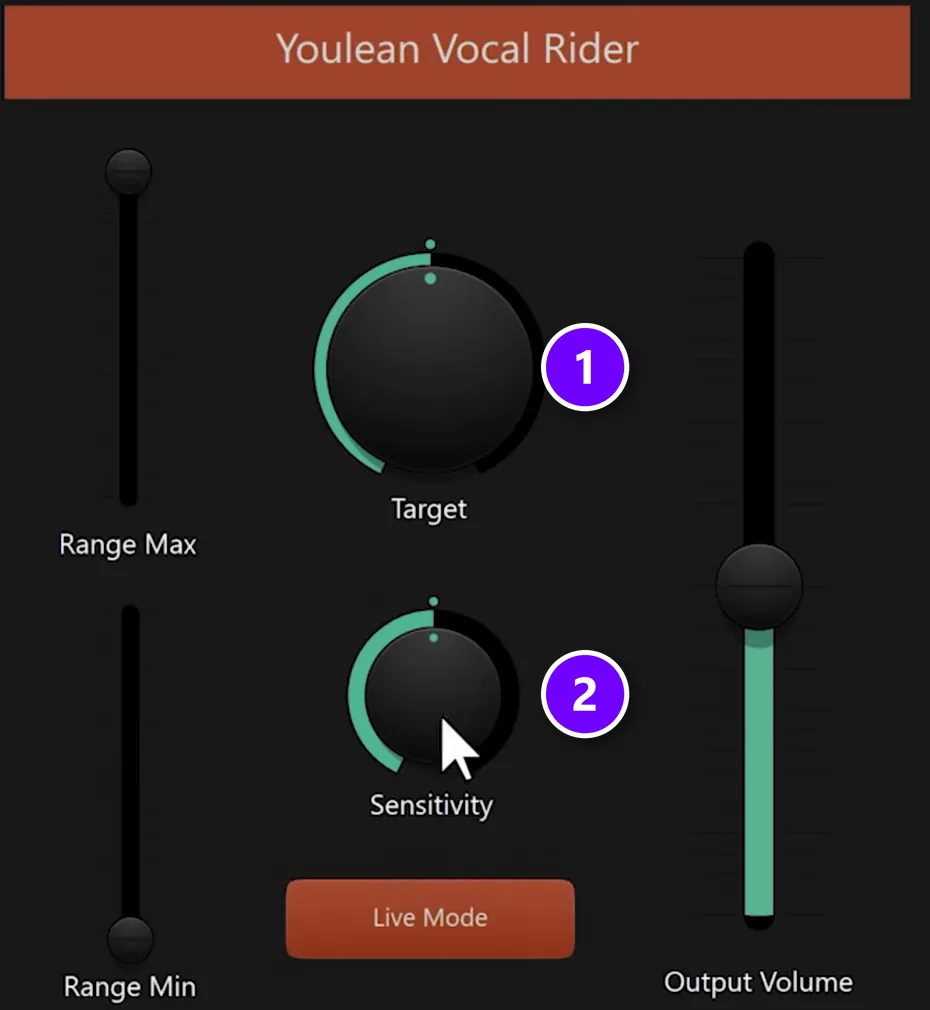 Youlean Vocal Rider Patcher preset in FL Studio with Target and Sensitivity numbered 1 and 2