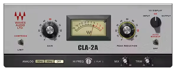 Waves CLA-2A tube-style compressor plugin with Gain and Peak Reduction knobs