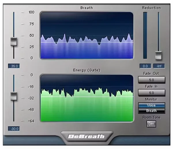 Waves DeBreath plugin showing the breath and energy displays and reduction faders