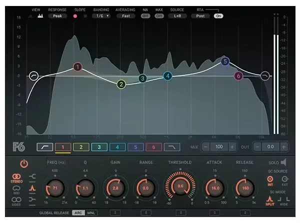 Waves F6 Floating-Band Dynamic EQ with six bands over a vocal spectrum
