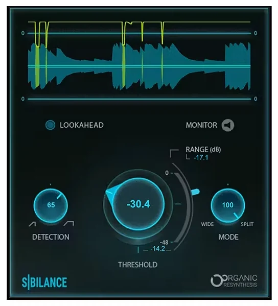 Waves Sibilance de-esser plugin with its threshold knob and waveform display
