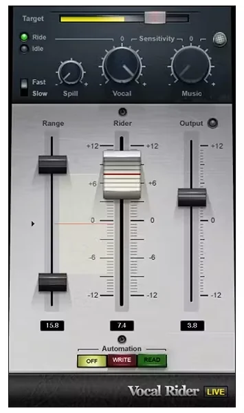 Waves Vocal Rider plugin with its Target meter, Range and Rider faders