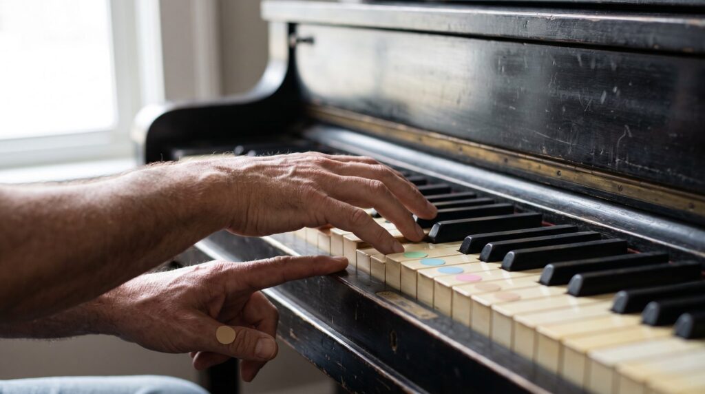 A man's hands playing a chord on a worn black upright piano, with small pastel stickers marking the keys of the chord