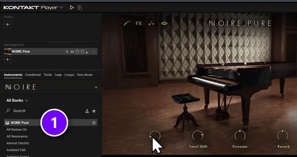 Native Instruments Noire Pure piano loaded in Kontakt 8 inside FL Studio, with the NOIRE Pure preset numbered 1