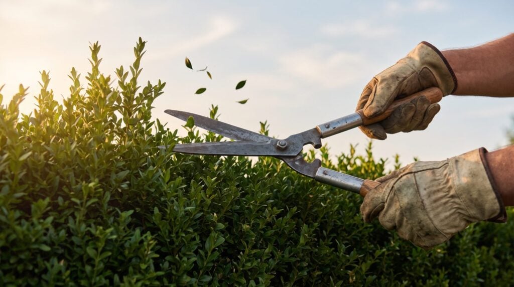 Gloved hands with hedge shears trimming the spiky top of a hedge into a flat line at golden hour, like a clipper shaving off peaks