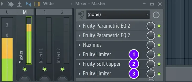 FL Studio master mixer track with Fruity Limiter (1), Fruity Soft Clipper (2) and a second Fruity Limiter (3) numbered after the EQs and Maximus