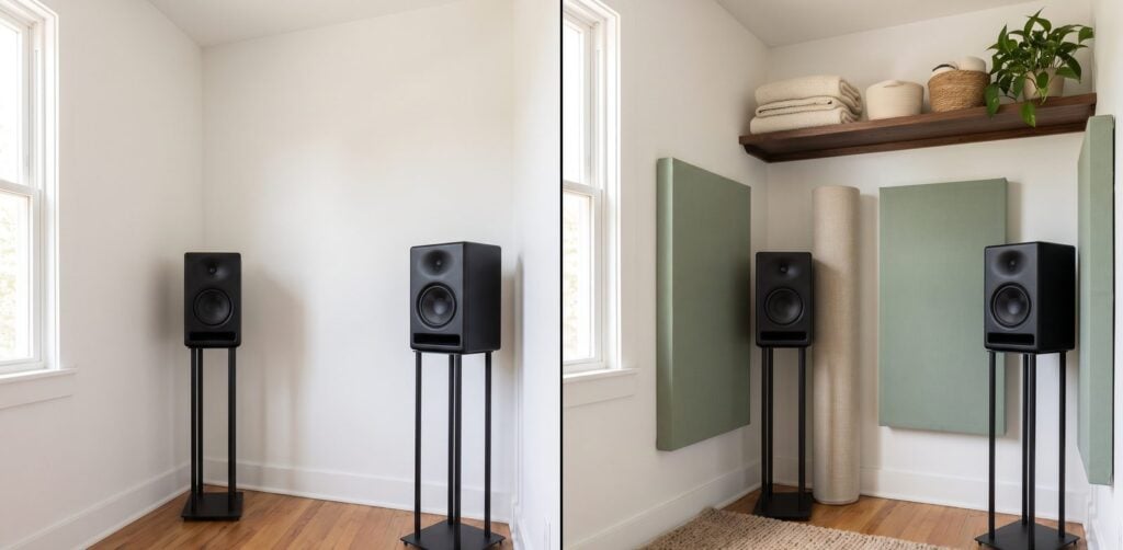 The same bedroom studio corner before and after acoustic treatment: bare walls on the left, sage fabric panels, a corner bass trap and a rug on the right